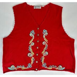 Vintage Gina Peters Size XL Floral Embroidered Ramie Cotton Vest Retro Cottage
